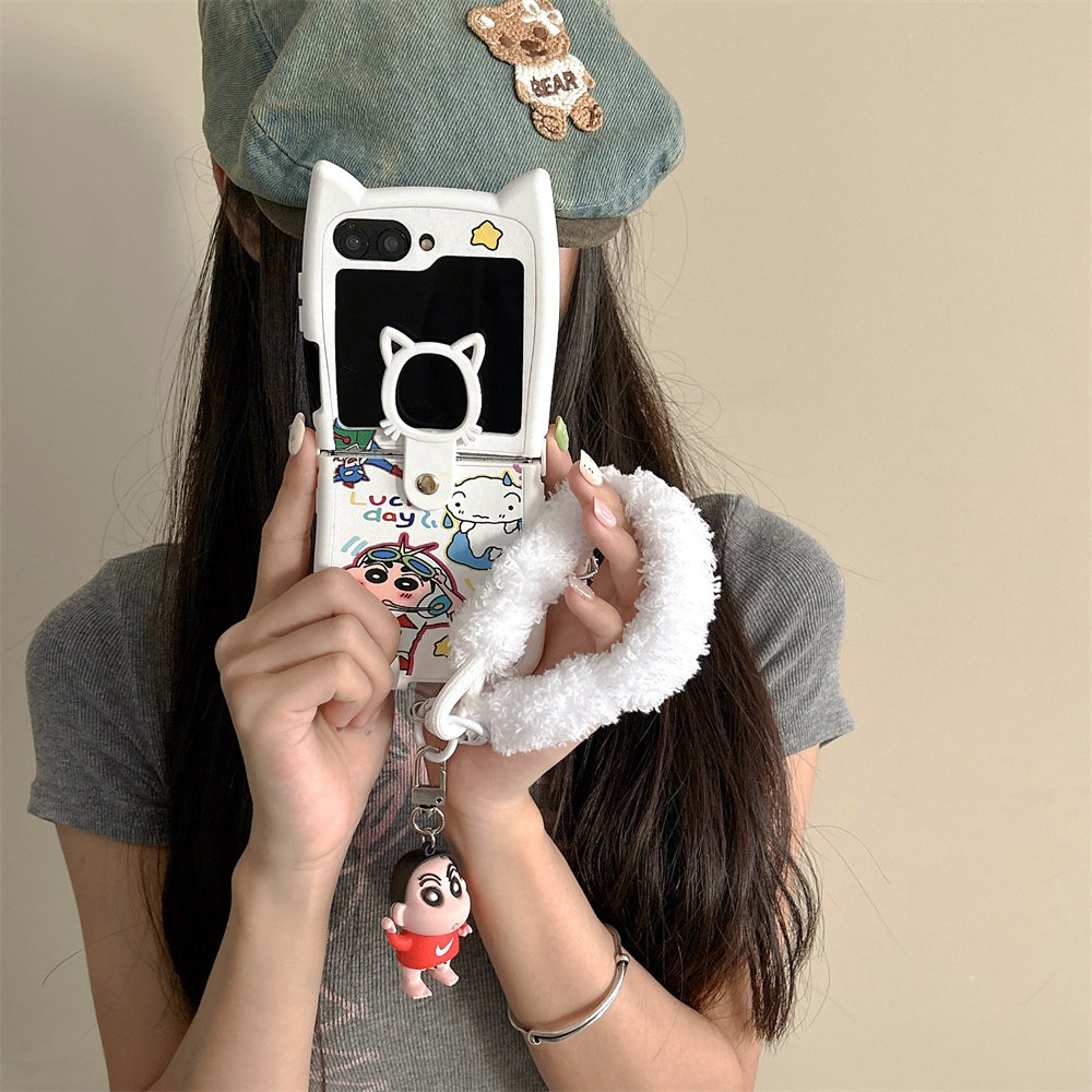 Suitable for Samsung Zflip5 Phone Case Zflip 40% off Stackable Phone Protective Case with 3D Cat Ears Cartoon Cute Zflip4 Silicone Soft Case Zflip3 New Crayon Shin-Chan Style for Men and Women with Lanyard