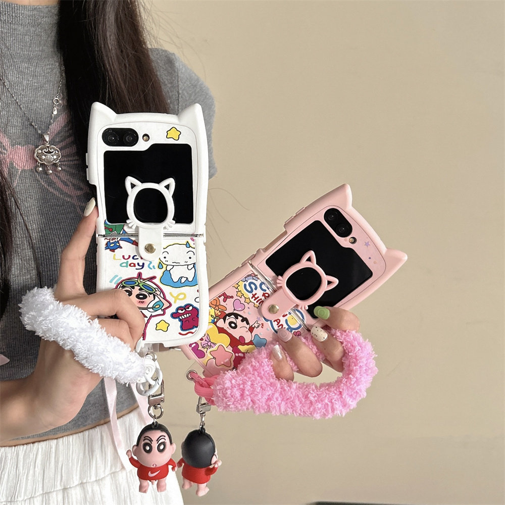Suitable for Samsung Zflip5 Phone Case Zflip 40% off Stackable Phone Protective Case with 3D Cat Ears Cartoon Cute Zflip4 Silicone Soft Case Zflip3 New Crayon Shin-Chan Style for Men and Women with Lanyard