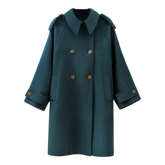 Navy blue lapel cape loose double-sided cashmere coat mid-length woolen coat 2022 new women's autumn and winter