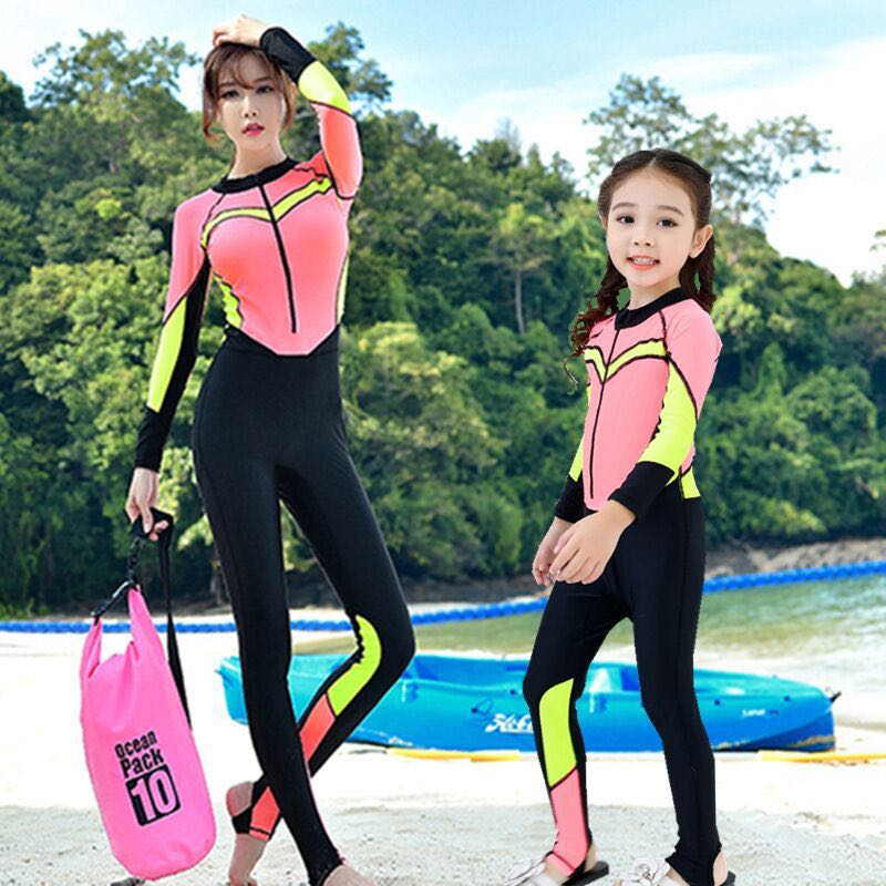 Parent-child one-piece swimsuit Korean wetsuit women sunscreen long-sleeved trousers Large size snorkeling suit Surfing suit Jellyfish suit