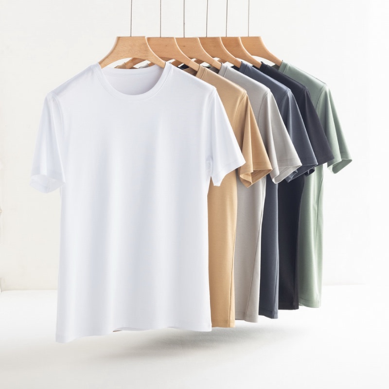 Authentic Spring and Summer Cool-Feeling 60-Count Mercerized Cotton Mulberry Silk Modal Short-Sleeve Men's T-Shirt, Round Neck, V-Neck Top, Base Layer White