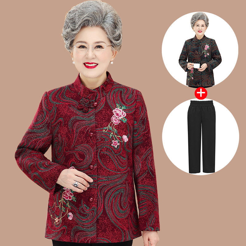 Middle-Aged and Elderly Women's Spring and Autumn Coats, 60-Year-Old Grandma Clothes, Old Lady Tang Suit, 70-Year-Old, 80-Year-Old Mother's Autumn and Winter Fleece-Lined Tops