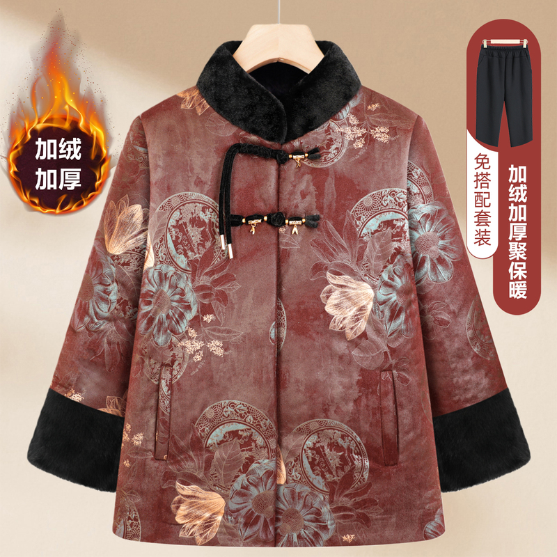 Grandma's Winter Cotton Coat for Middle-Aged and Elderly Women, Thickened and Fleece-Lined Cotton Jacket for Mothers, New Chinese-Style Warm Cotton Coat