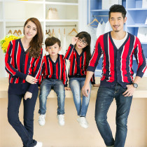 Childrens red striped coat parent-child Q4 spring and autumn Boys Girls clothes whole family dress baby knitted cardigan