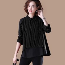 2021 Spring and Autumn new large size womens Korean version of stitching vertical striped long sleeve shirt loose slim top