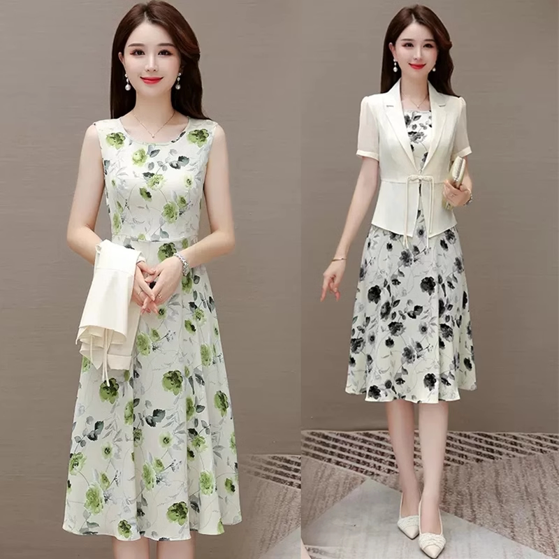 Tweed Style Sleeveless Printed Dress Two-Piece Set for Women, New Summer Style, Middle-Aged Slimming French Suit Skirt