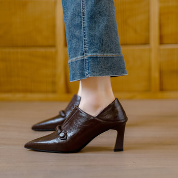Genuine leather ~ retro brown soft leather thick heel high heels for women