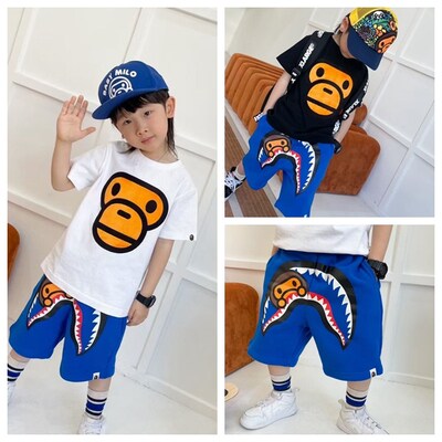 Japanese tide brand children's summer new ape head boys and girls cartoon short sleeves T-shirt shark shorts set