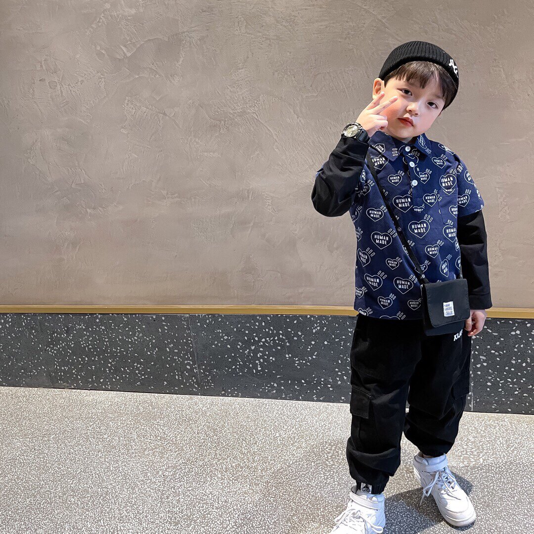 Japanese boy spring new product full of love fake two pure cotton long sleeved shirt