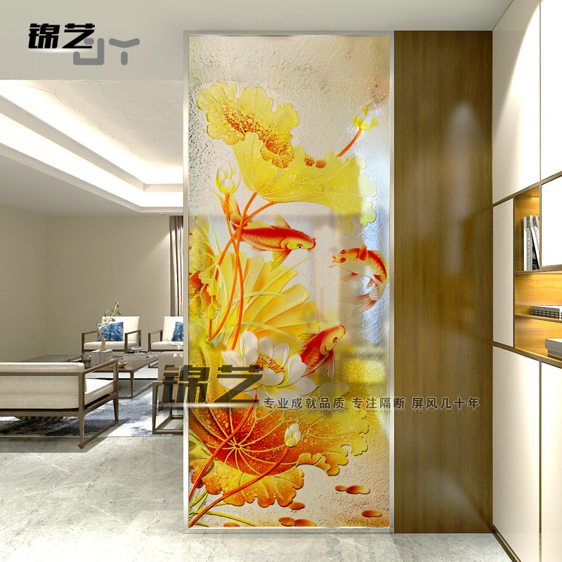 Tempered decorative glass art carving screen partition custom-made modern new Chinese porch guest restaurant lotus carp