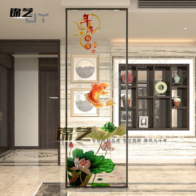 Customized modern Chinese carved transparent double-sided art glass screen partition door core living room porch lotus fish