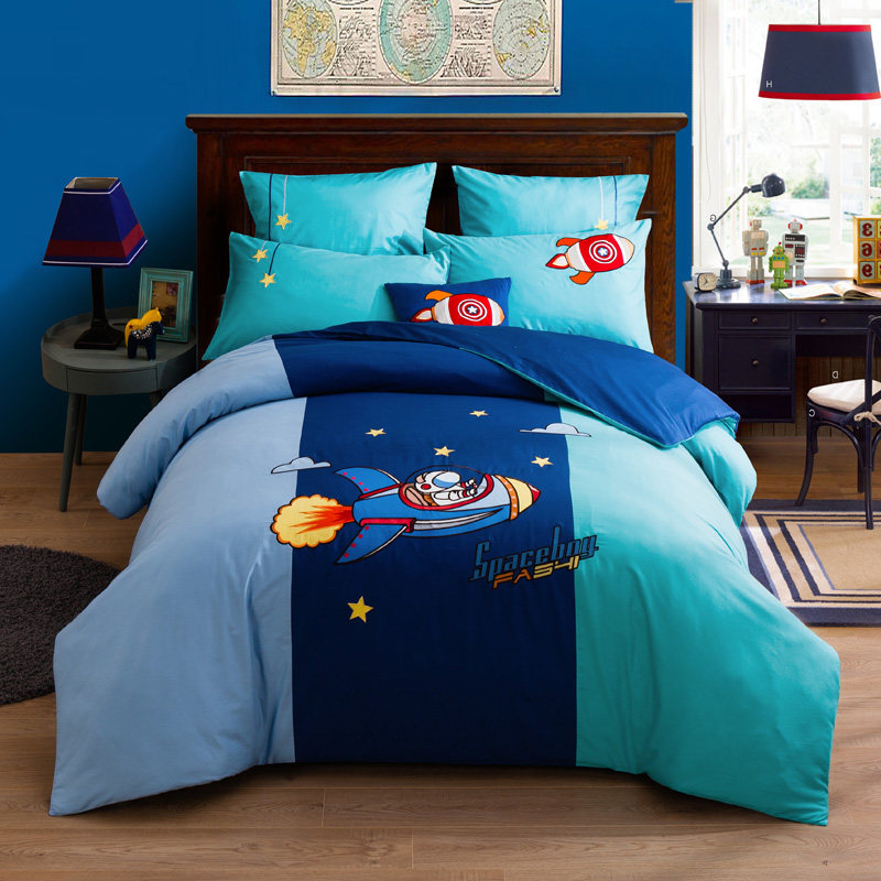 Excavator hook machine satin embroidery cartoon bed sheet quilt three-piece children's four-piece group cotton boy model room