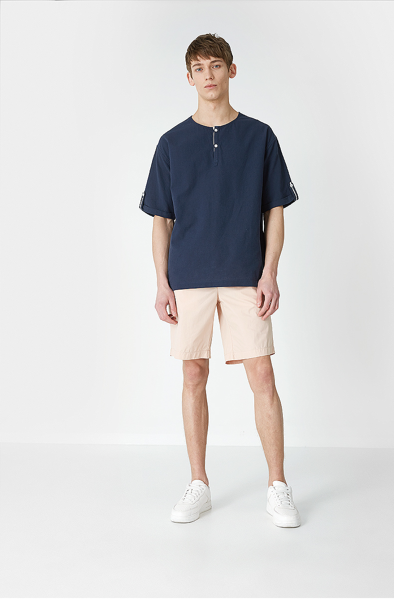 C & A đơn giản văn học cotton và linen ngắn tay áo sơ mi nam mùa hè nửa mở cổ áo áo thun vòng cổ áo sơ mi CA200203811 shop áo sơ mi nam