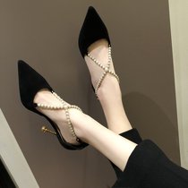 2021 spring new high heels with pointy heel pointed single shoes Joker temperament womens shoes pearl buckle hollow womens sandals