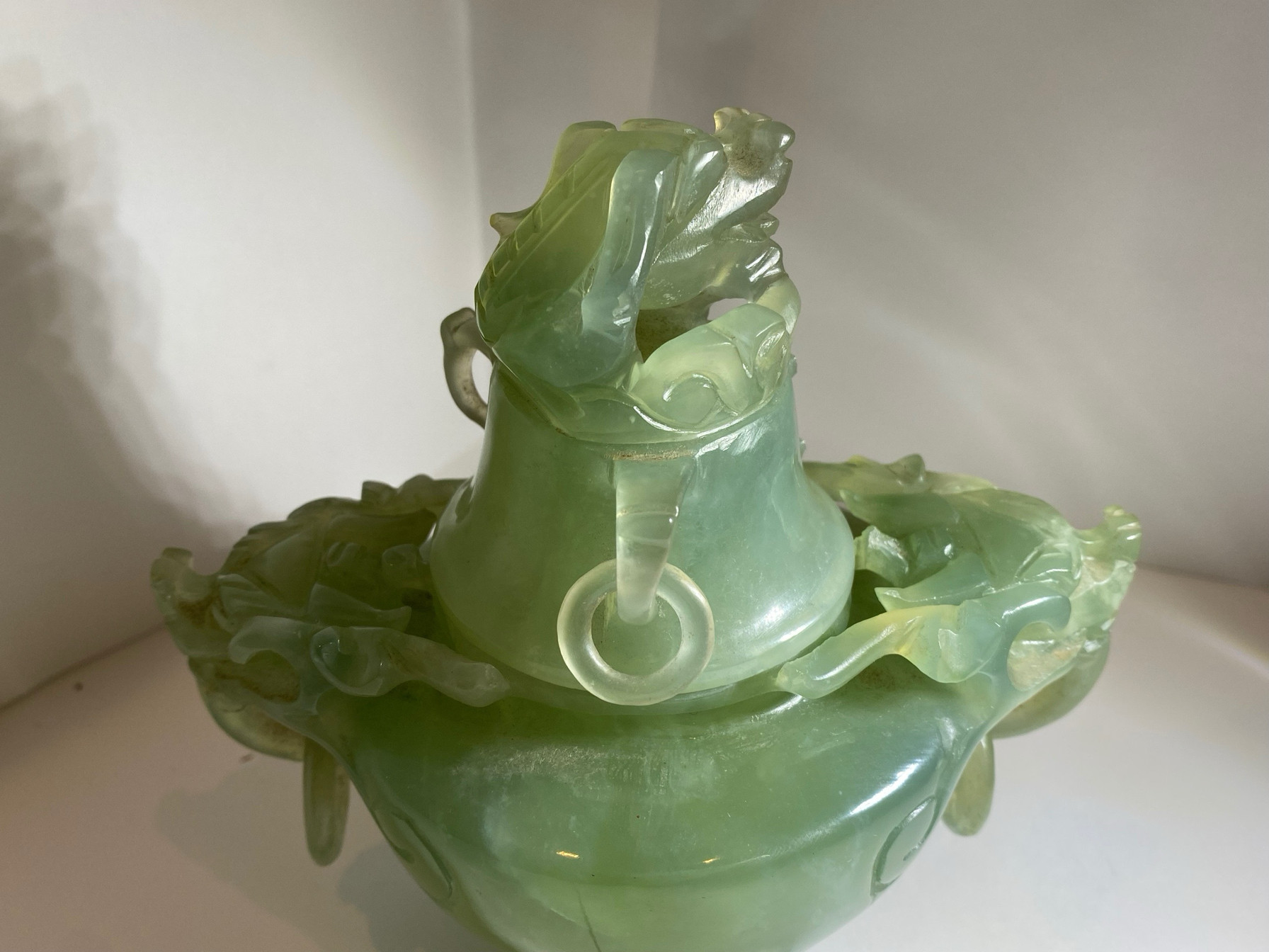 天然玉石龍頭香炉 天然石玉石岫玉香炉龙头雕高16.5cm加底座宽14.5cm重793克O863