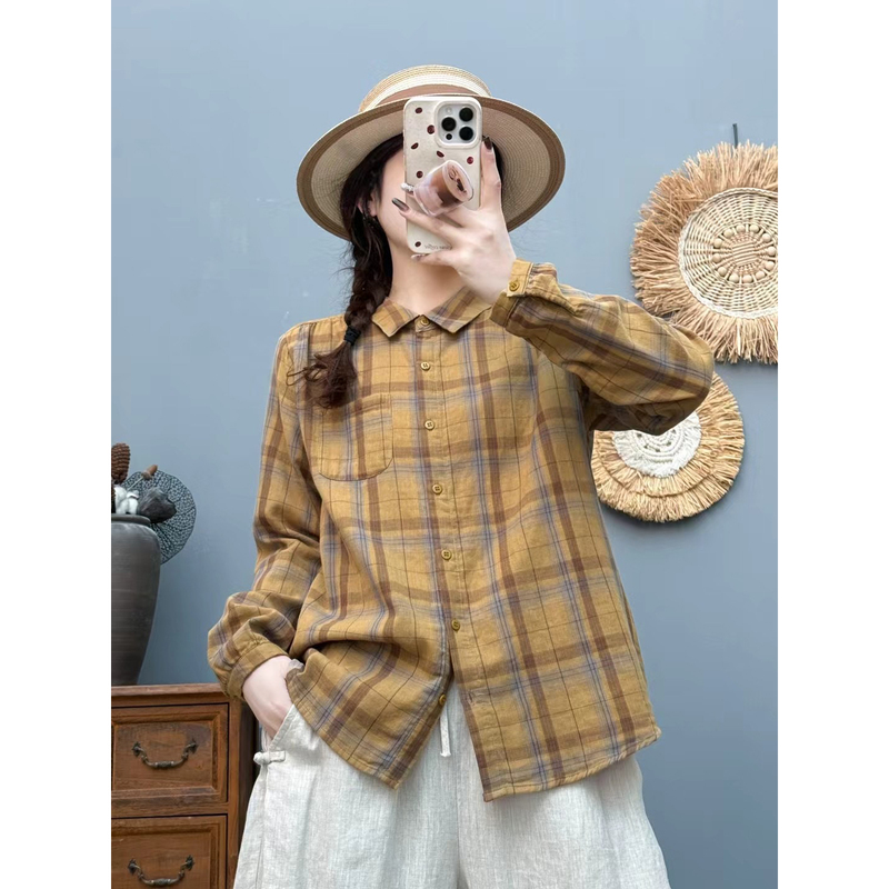 Spring and Summer Thin Retro Plaid Long-Sleeved Shirt for Women, Loose and Slimming, Pure Cotton Top, Square Collar, Casual and Fashionable Shirt for Women Spring and Summer Thin Retro Plaid Long-Sleeved Shirt for Women, Loose and Slimming, Pure Cotton Top, Square Collar, Casual and Fashionable Shirt for Women