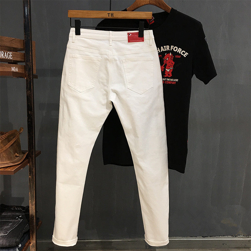 White High-end Casual Men's Jeans 2022 Summer New Tide Card Elastic Body small feet long pants thin