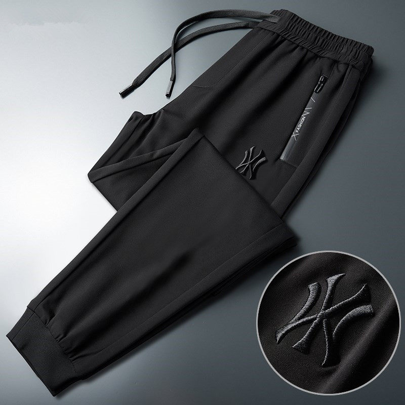 Summer thin Tide Cards Men Casual Pants Black Sports Loose Straight Briefs LEATHER PANTS ELASTIC Rope Beam LONG PANTS