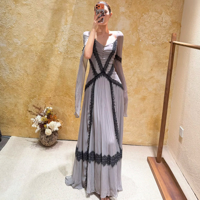 Designed with Color-Blocking Lace Trim, Heart-Shaped Neckline, Slit, Ribbon Sleeves, Waist-Cinching A-Line Skirt, Holiday-Style Flared Long Dress