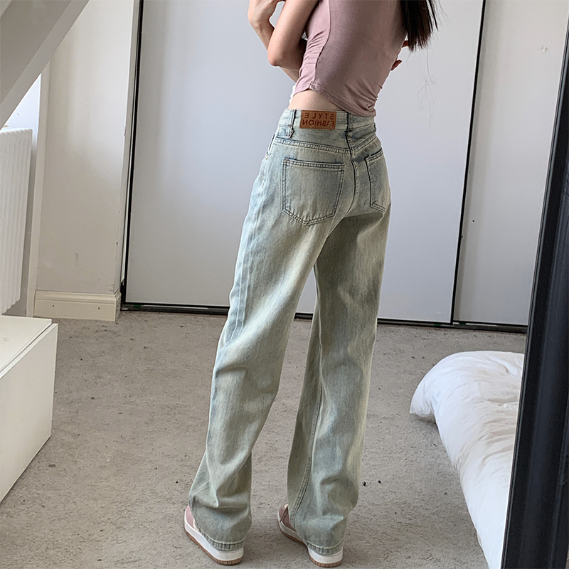 American-Style Light Yellow Narrow Wide-Leg Fleece-Lined Jeans for Women, Winter High-Waisted Slimming Loose Straight-Leg Floor-Length Pants