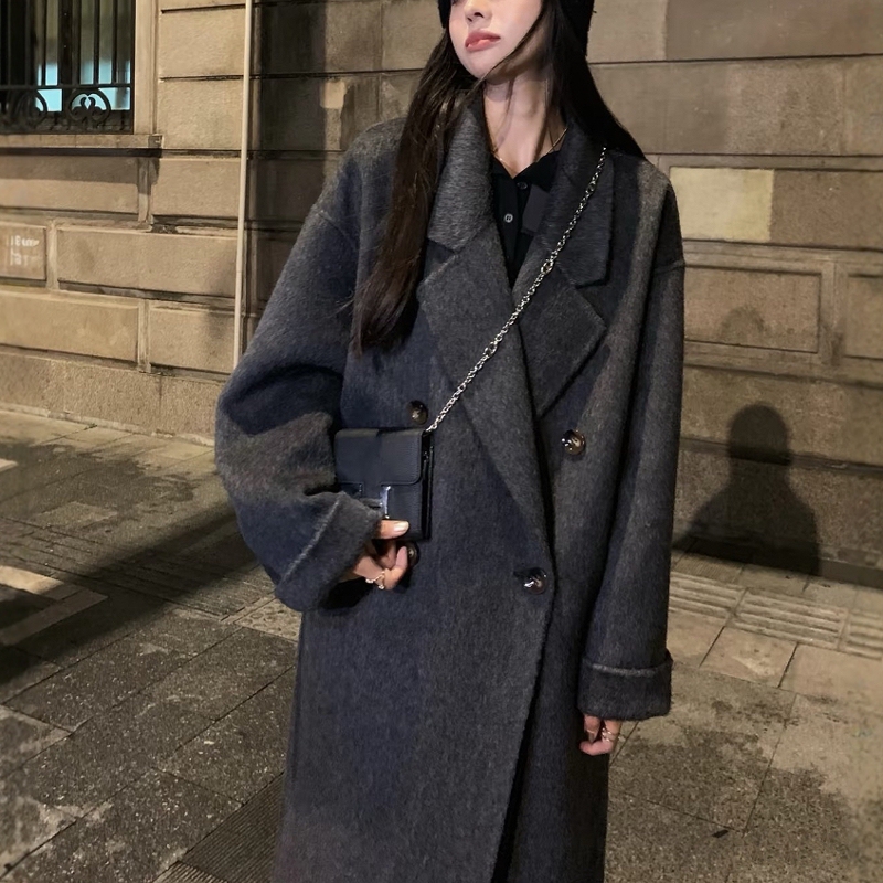 Black and Gray Double-Sided Cashmere Coat for Women 2025 Autumn and Winter New Mid-Length High-End Woolen Korean Style Jacket