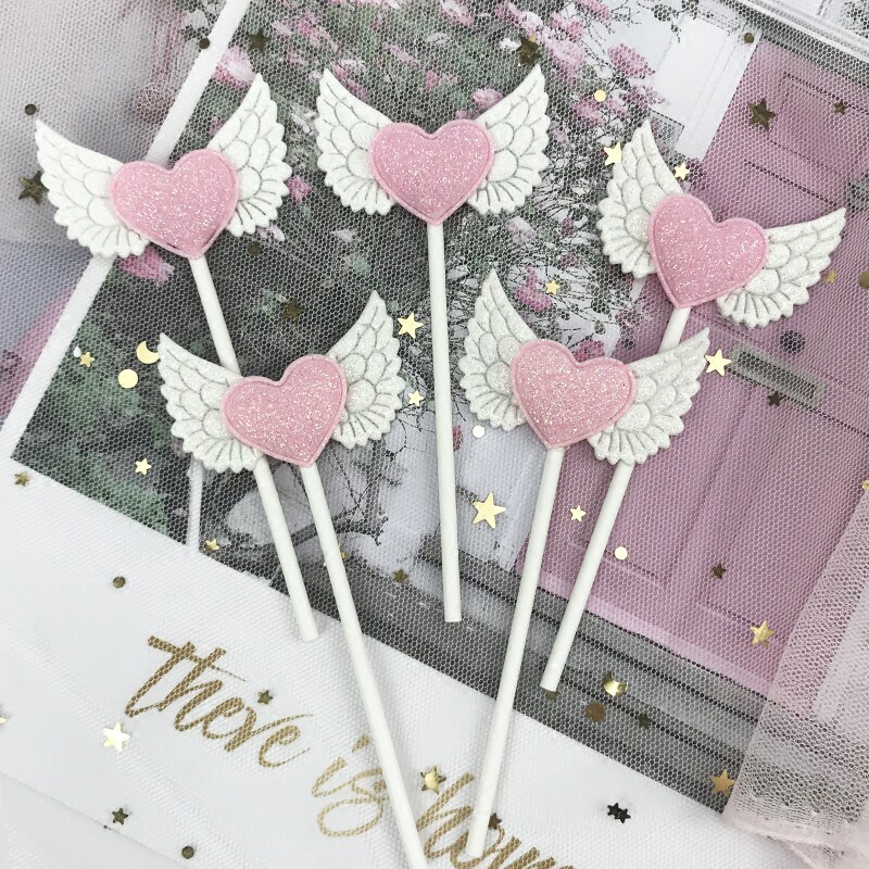 520 birthday cake decoration girl pink shiny love Angel wings plug-in dessert table decoration insert card