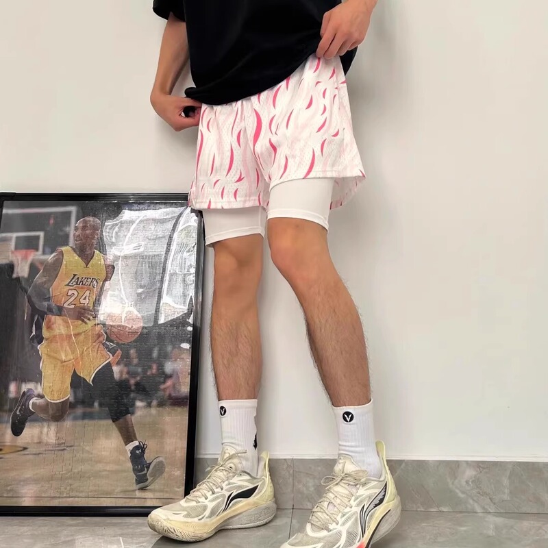 Jersey Style Men's Pink American-Style Shorts, Loose Mesh Student Sports Basketball Pants, Trendy Brand Thin Three-Quarter Pants Jersey Style Men's Pink American-Style Shorts, Loose Mesh Student Sports Basketball Pants, Trendy Brand Thin Three-Quarter Pants