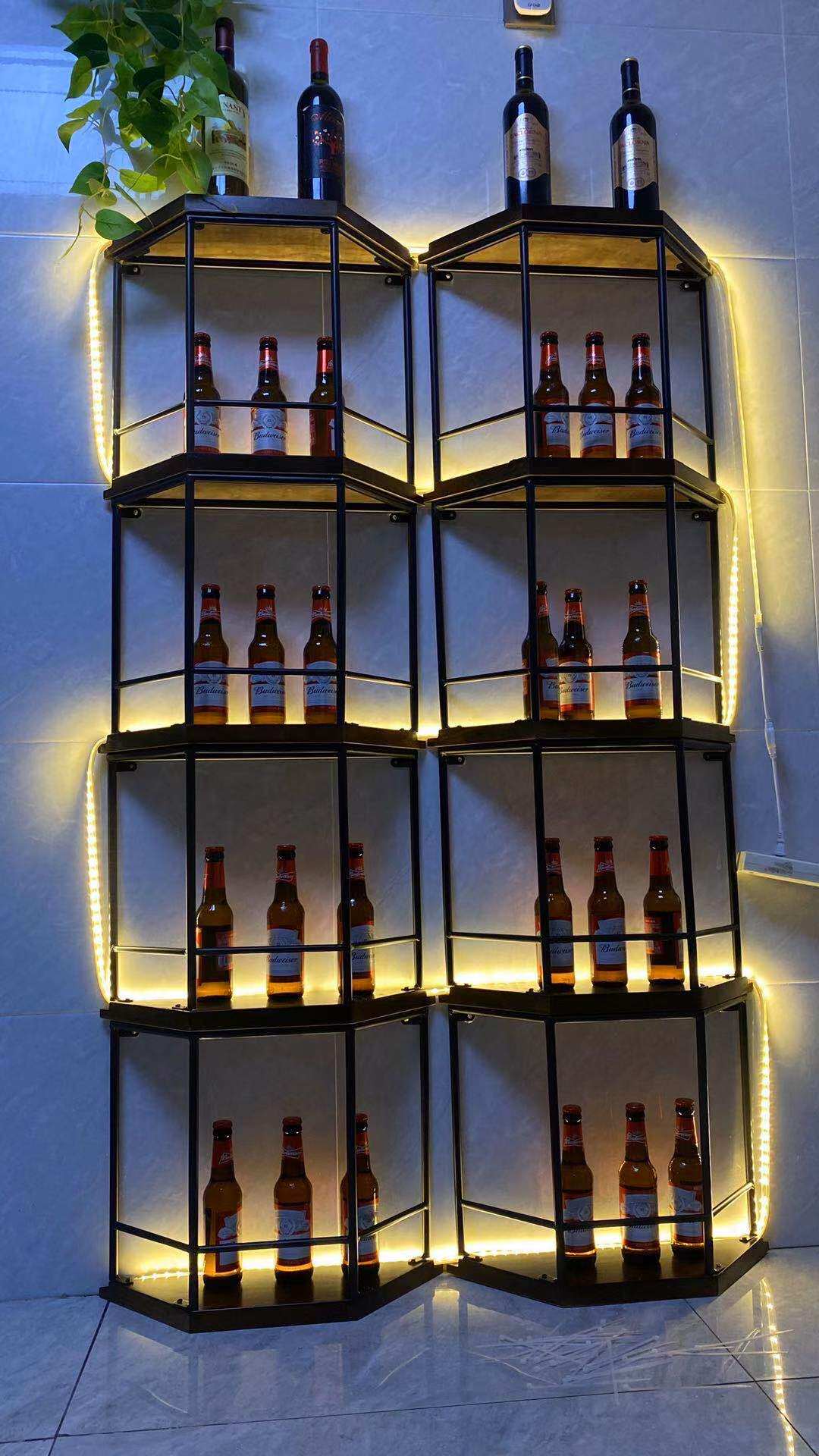 Iron Art Red Wine Rack Wall Decoration Bar Trapezoidal Solid Wood Luminous Beer Cabinet Screen Bar Dining Room Partition Wall Hanging