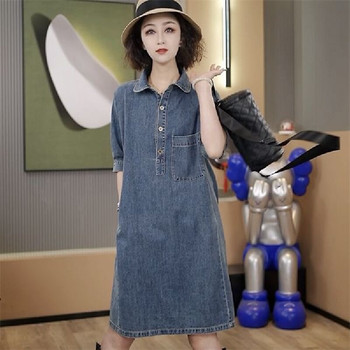 ອອກແບບເສື້ອຍືດແຂນສັ້ນ denim lapel ວ່າງ 2025 summer new workwear pocket denim skirt retro