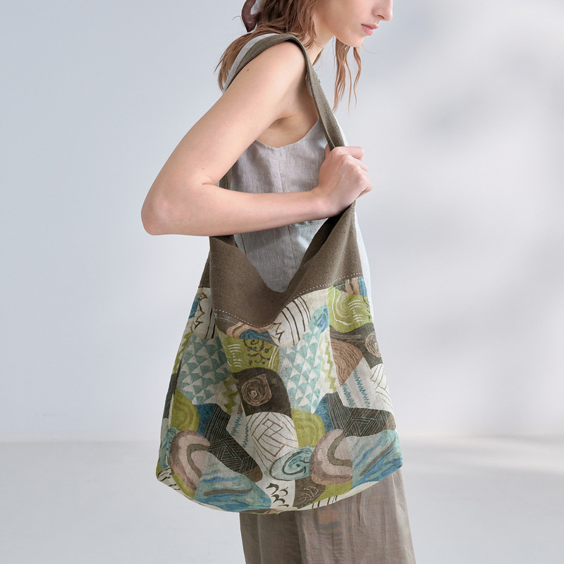Guangzhou Xinjishang Textile Clothing Resort Style Cotton Linen Canvas Bag Color-Block Shoulder Bag Artistic Design Print