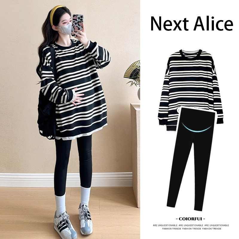 Next Alice Maternity Spring & Fall Suit Fashionable and Versatile Slim Long-Sleeved Stripesd Top Loose Casual Sweatshirt Pants
