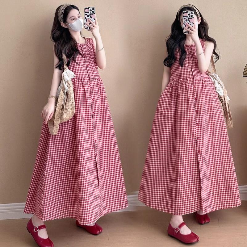 Next Alice Maternity 2026 New Dress Summer Plus Size Loose Sleeveless Plaid Casual Fashion Long Dress