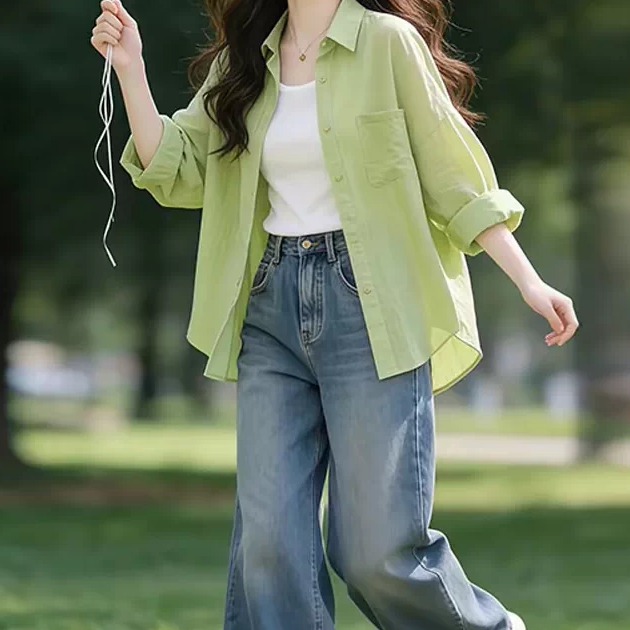 Korean Style Popular Green Sun-Protective Long-Sleeve Shirt for Women, 2026 Summer Loose Unique Beautiful Collared Shirt Korean Style Popular Green Sun-Protective Long-Sleeve Shirt for Women, 2026 Summer Loose Unique Beautiful Collared Shirt