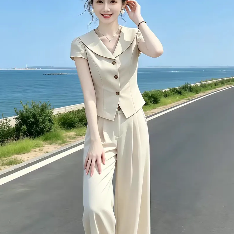 Petite Women's Fashionable Outfit in Apricot Color, New Summer Button-Down Short-Sleeve Shirt and Wide-Leg Pants Two-Piece Set Petite Women's Fashionable Outfit in Apricot Color, New Summer Button-Down Short-Sleeve Shirt and Wide-Leg Pants Two-Piece Set