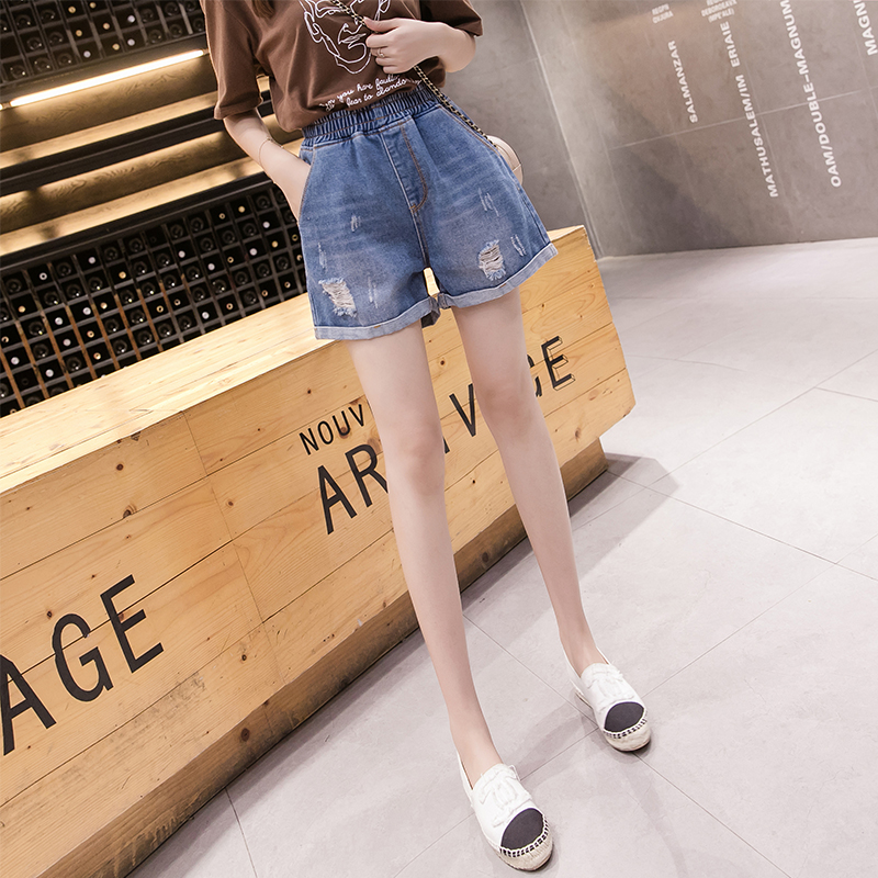 Breaking lỗ denim quần short nữ sinh viên mùa hè lớn chất béo mm200 pound kích thước của phụ nữ lỏng lẻo một từ rộng chân quần nóng hiển thị triều mỏng