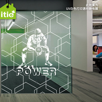 Custom sports exercise characters gym inspirational transparent electrostatic sliding door glass UV white printing film power
