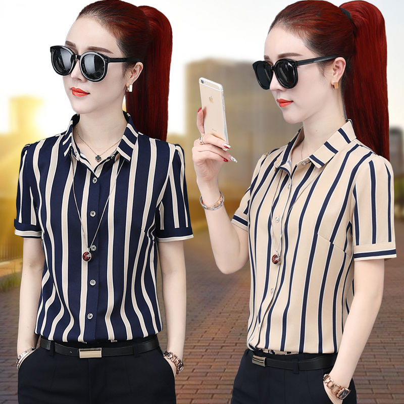 Short-Sleeved Vertical Striped Shirt for Women, Summer 2023 New Style, Elegant and Stylish Professional Wear, Versatile Chiffon Shirt Top Short-Sleeved Vertical Striped Shirt for Women, Summer 2023 New Style, Elegant and Stylish Professional Wear, Versatile Chiffon Shirt Top