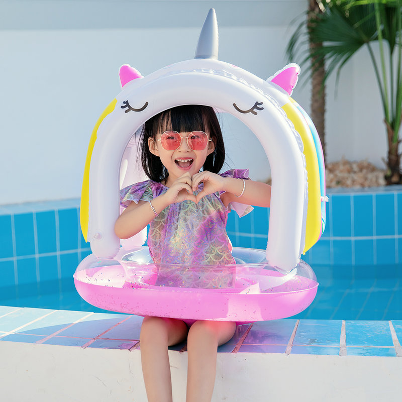 Baby sequins princess horse seat ring children unicorn inflatable sunscreen sunshade swimming ring infant sitting ring lying ring