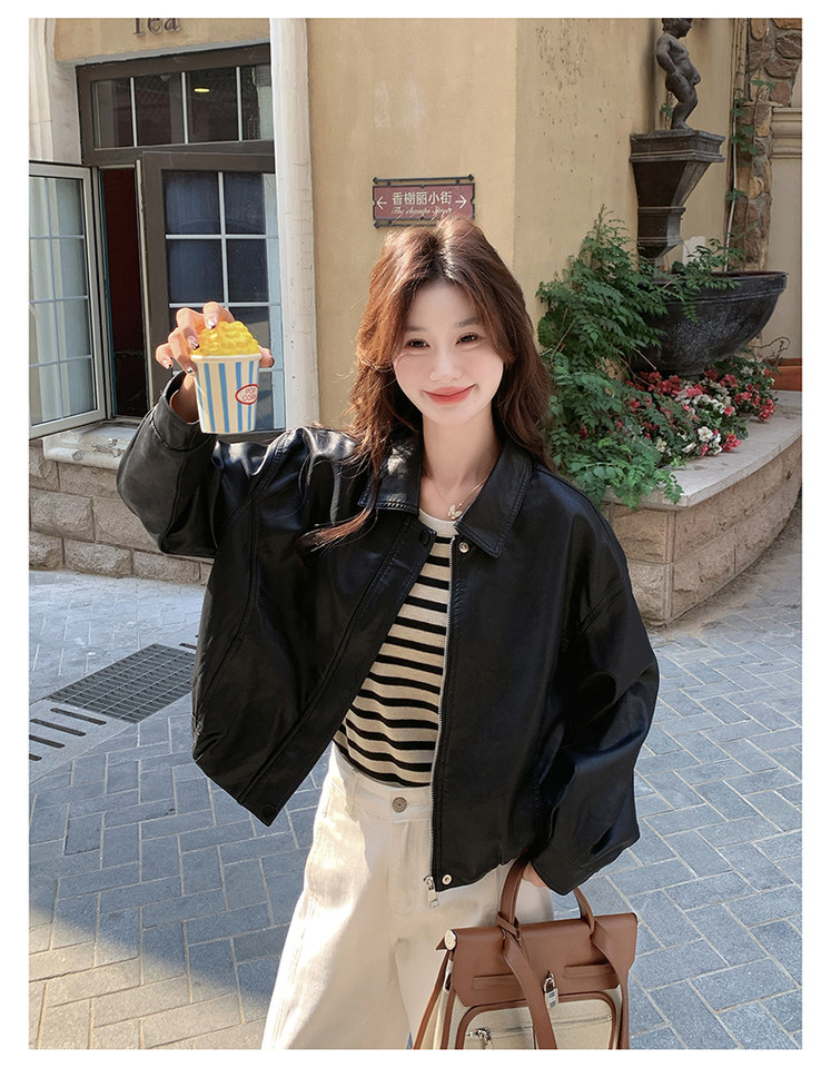 Áo khoác da PU nữ dáng ngắn cổ bẻ phong cách retro, form rộng, khóa kéo — màu đen chi tiết 22