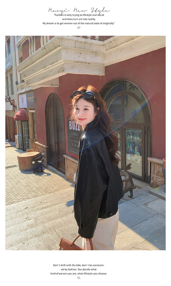 Áo khoác da PU nữ dáng ngắn cổ bẻ phong cách retro, form rộng, khóa kéo — màu đen chi tiết 29