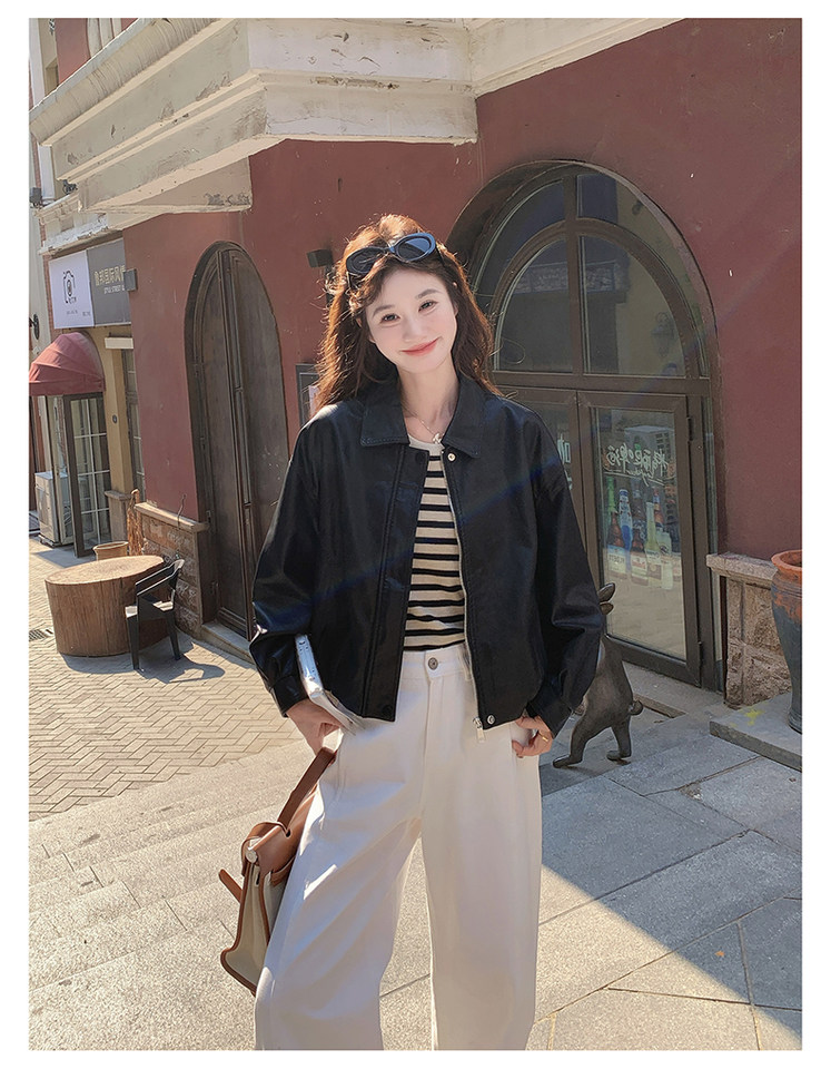 Áo khoác da PU nữ dáng ngắn cổ bẻ phong cách retro, form rộng, khóa kéo — màu đen chi tiết 28