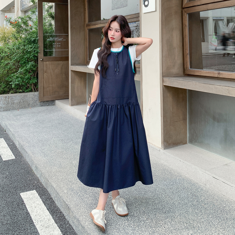 Beimuchi Navy Blue Color-Blocked Round Neck Sleeveless Dress T-Shirt Two-Piece Set for Women 2026 Summer Casual Tank Top Long Dress