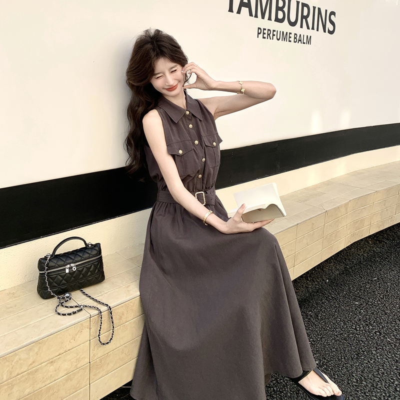 Beimuchie French-Style Elegant Sleeveless Dress for Women, 2026 Summer New Mature Style, Waist-Cinching Shirt Collar Long Dress