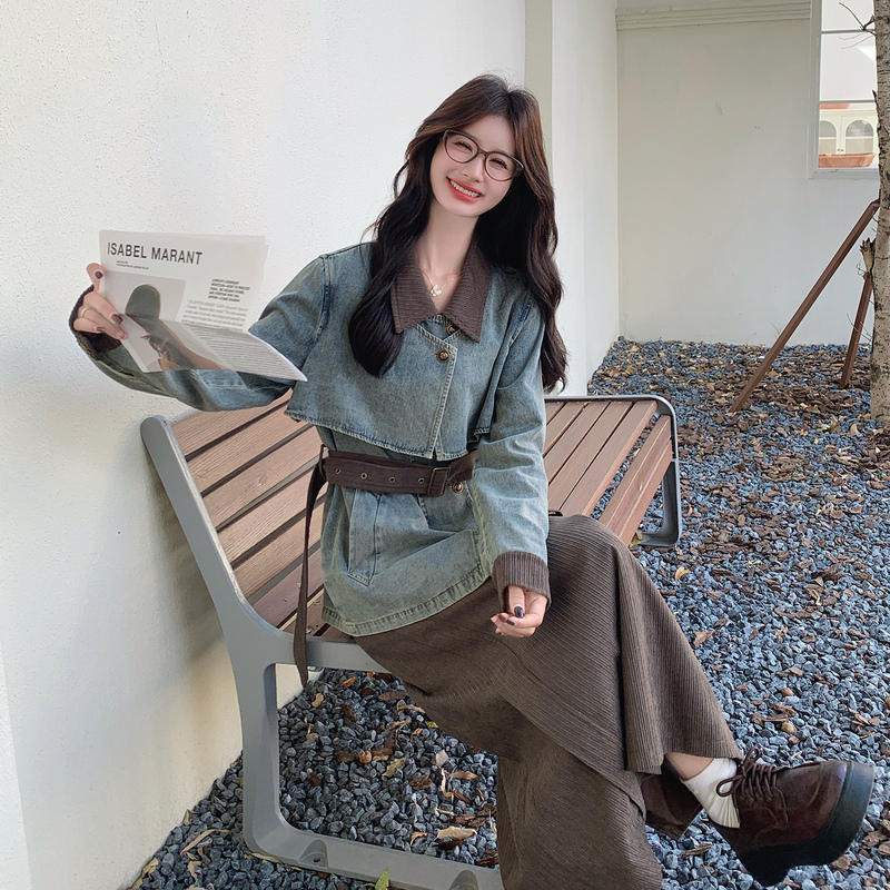 Retro Patchwork Denim Suit Skirt for Women, Spring 2026 New Style, Korean Design, Elegant, Complete Outfit Ootd