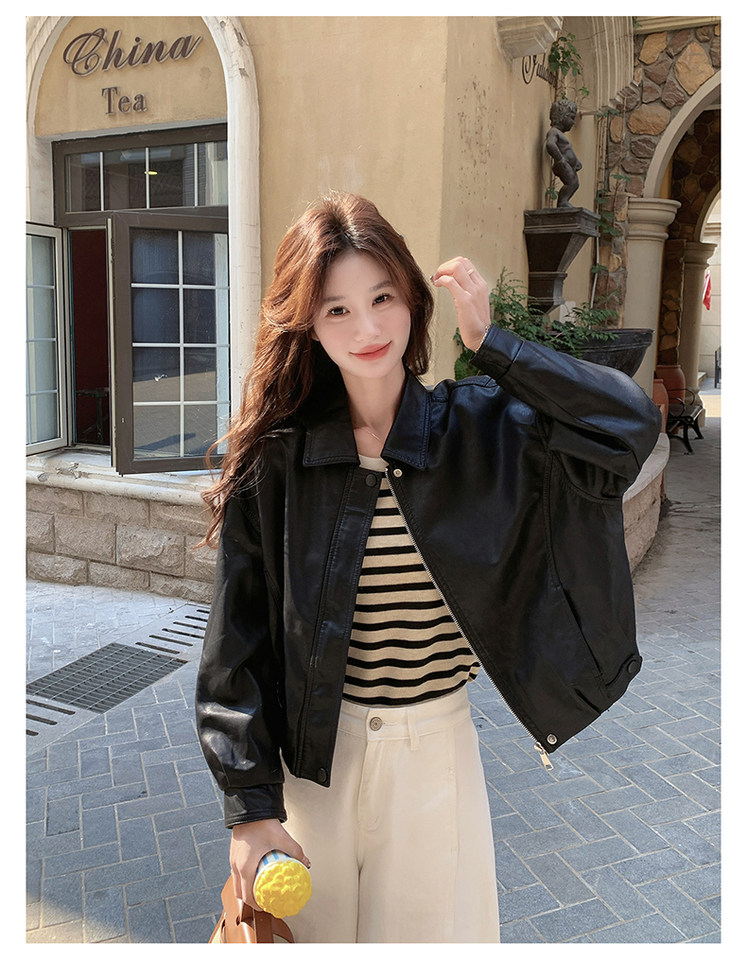 Áo khoác da PU nữ dáng ngắn cổ bẻ phong cách retro, form rộng, khóa kéo — màu đen chi tiết 21