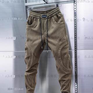 秋冬季男新款条绒拼接束脚加绒加厚休闲裤纯色松紧腰小脚哈伦裤男