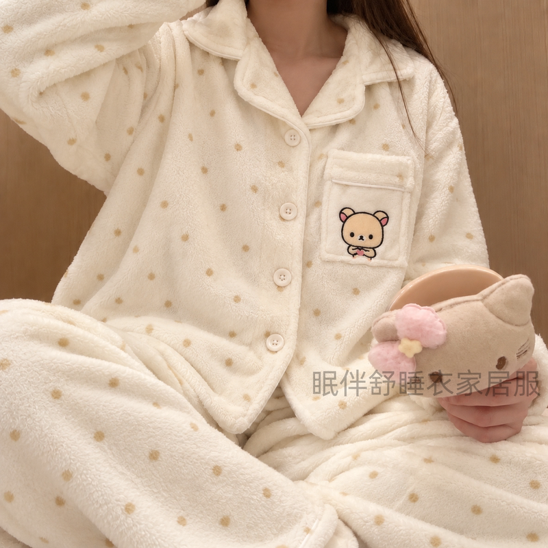 Rilakkuma Women's Pajamas, Flannel, Winter Thickened, Cartoon Long-Sleeved Long Pants, Student Girl Cartoon Loungewear Set Rilakkuma Women's Pajamas, Flannel, Winter Thickened, Cartoon Long-Sleeved Long Pants, Student Girl Cartoon Loungewear Set