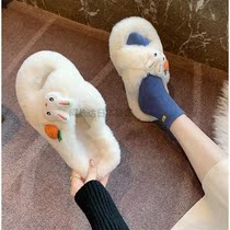 Japanese slippers women 2021 autumn and winter new fashion wear Mao Mao shoes Joker household summer rabbit cotton slippers