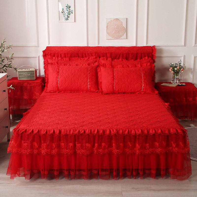 New Products Wedding Celebration Bed Dress Three Sets Pure Color Large Red Thickening Clip Cotton Single Lace Bed Cover Style Bed Sheet