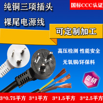 National standard pure copper 3*1 square 1 8 meters white power cord plug three-core power cord electric heating three-hole with plug